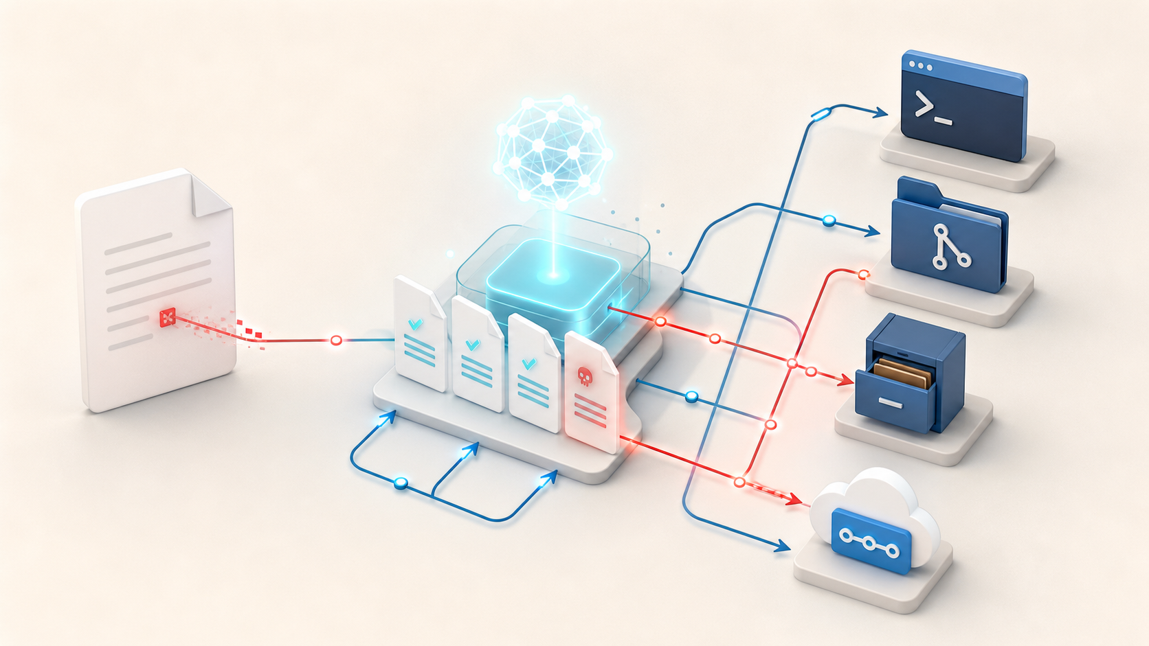 A generated PNG illustration: a normal document with tiny red markings flows into an AI agent, then toward a terminal, repository, file cabinet, and cloud API, showing how untrusted text can travel through a toolchain.