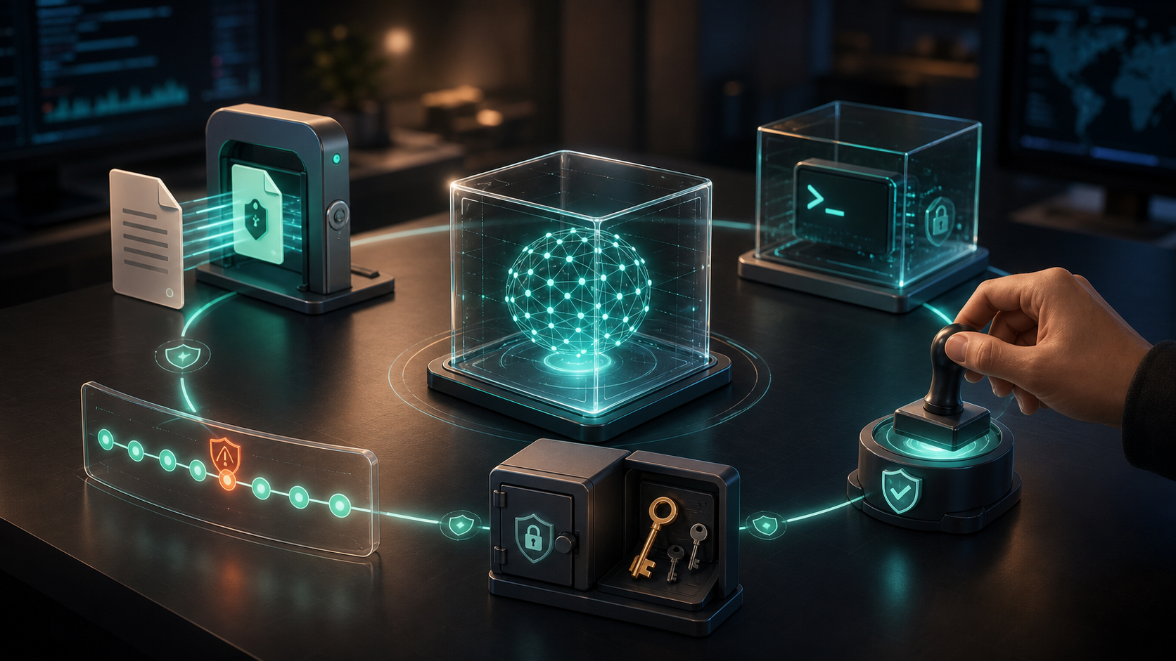 A generated PNG illustration: an AI agent inside a transparent control box, surrounded by input gates, a sandbox terminal, approval stamp, key vault, and audit timeline.
