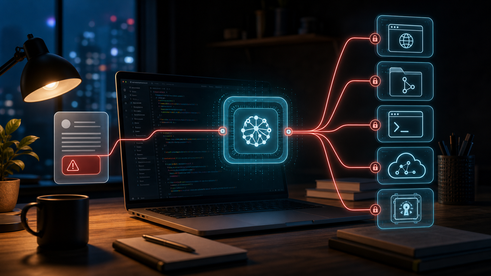 A generated PNG hero image: a night-time developer desk where red traces from ordinary documents pass through an AI agent into a browser, Git, a terminal, cloud APIs, and a credential vault.