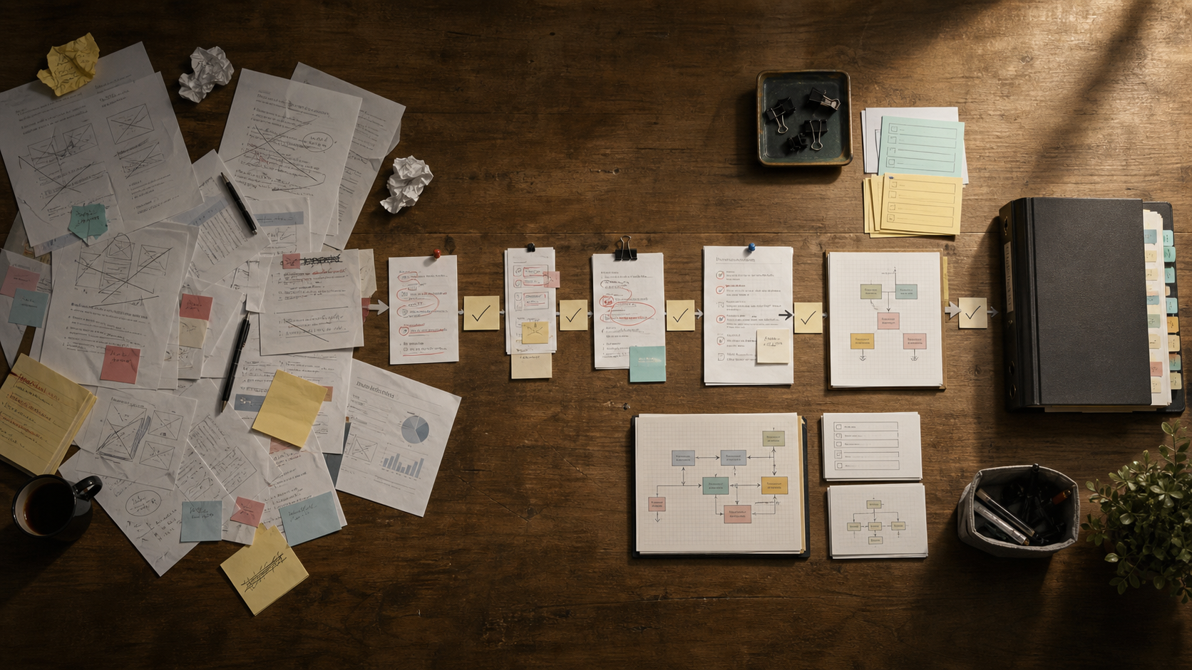 A table of loose drafts, review marks, and reusable playbooks, moving from one-off output toward institutional memory.