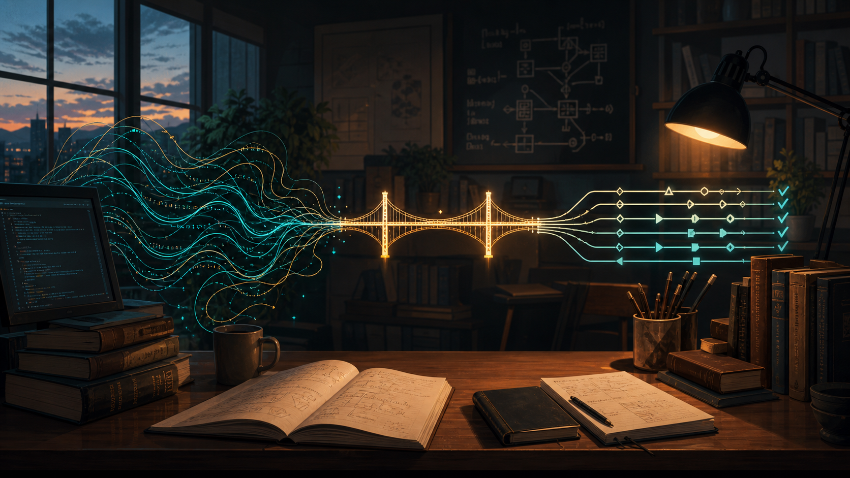 A dusk engineering workshop where flowing dynamic code crosses a glowing bridge and becomes checkable type rails.